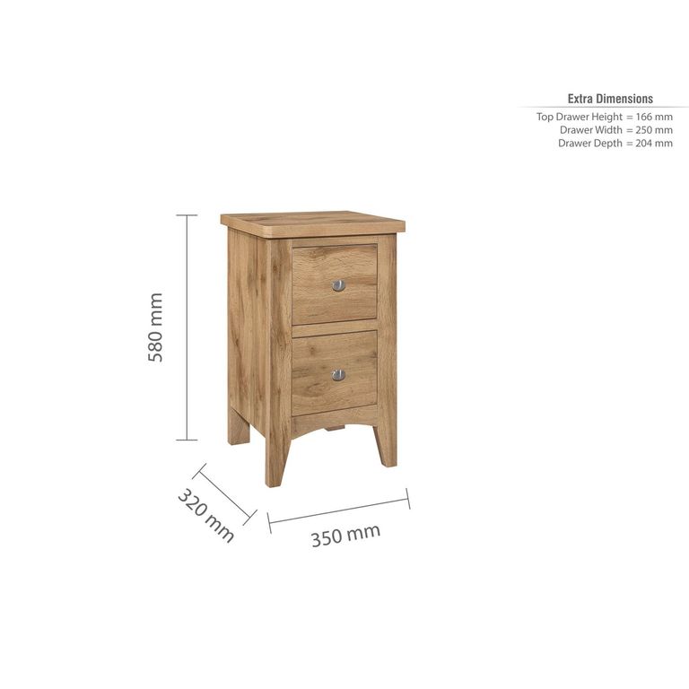 Hampstead Narrow Bedside Cabinet - 2 Drawer - Rustic Oak 