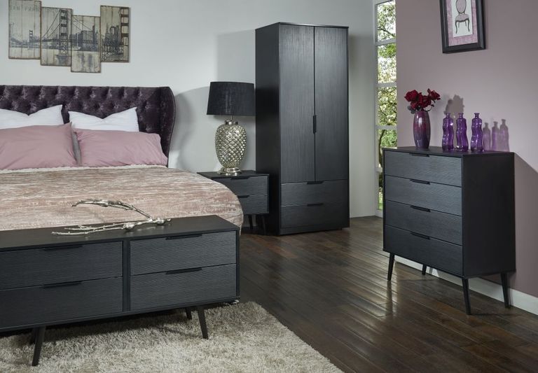 Hong Kong Black 2 Drawer Bedside Cabinet with Wooden Legs