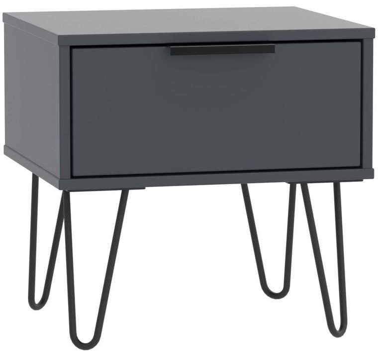 Hong Kong Graphite 1 Drawer Bedside Table with Hairpin Legs