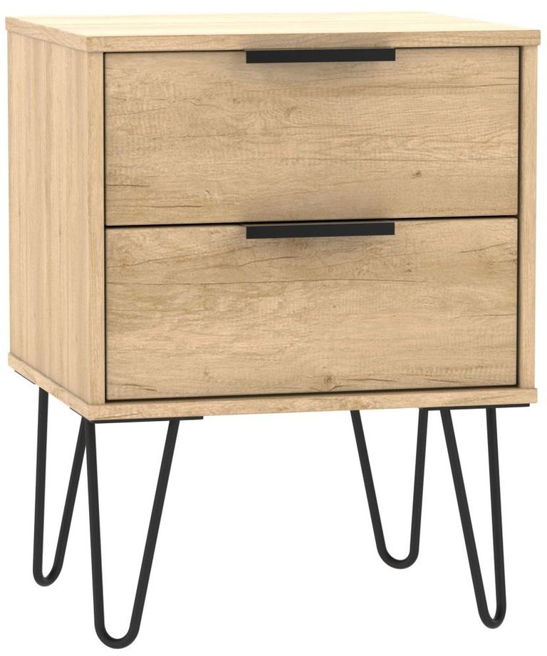 Hong Kong Oak Effect 2 Drawer Bedside Cabinet with Hairpin Legs