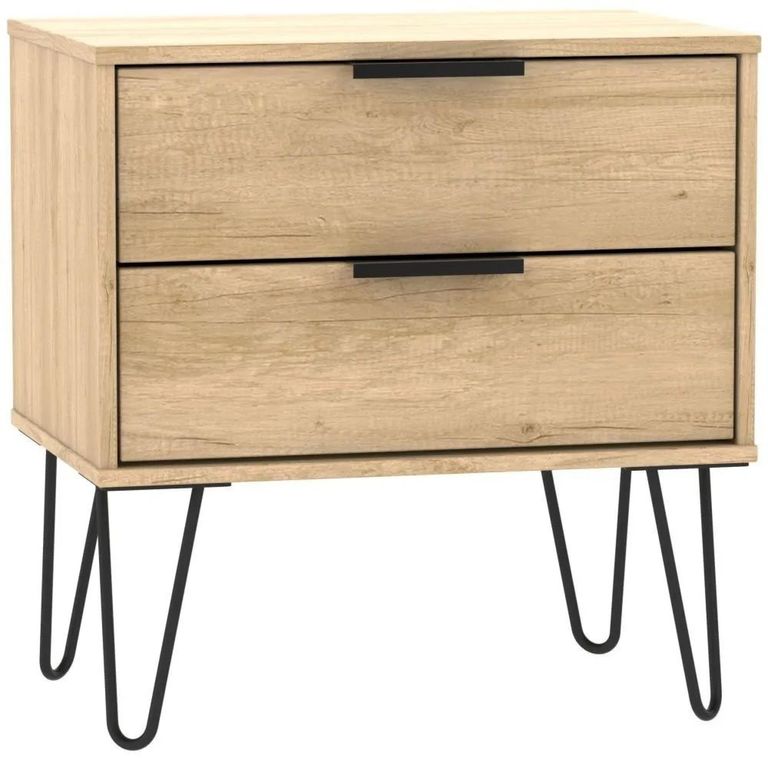 Hong Kong Oak Effect 2 Drawer Wide Bedside Cabinet with Hairpin Legs
