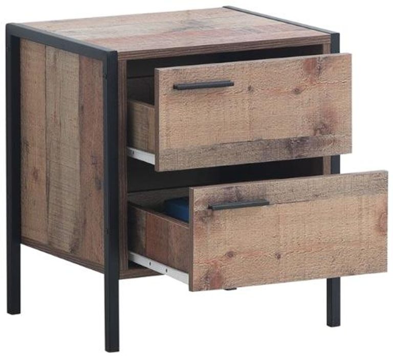 Industrial Rustic Oak Effect 2 Drawer Bedside Cabinet