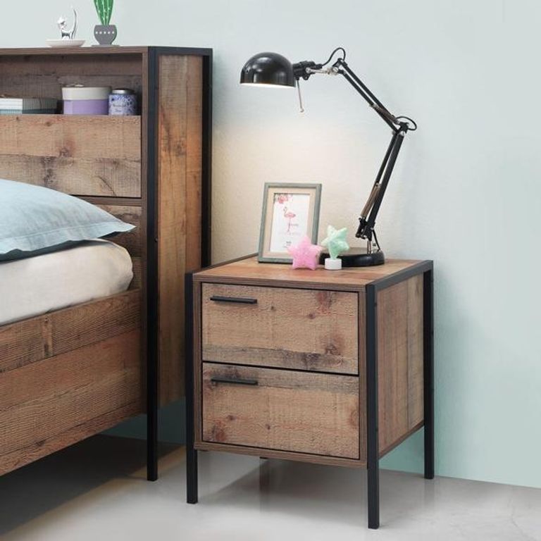 Industrial Rustic Oak Effect 2 Drawer Bedside Cabinet