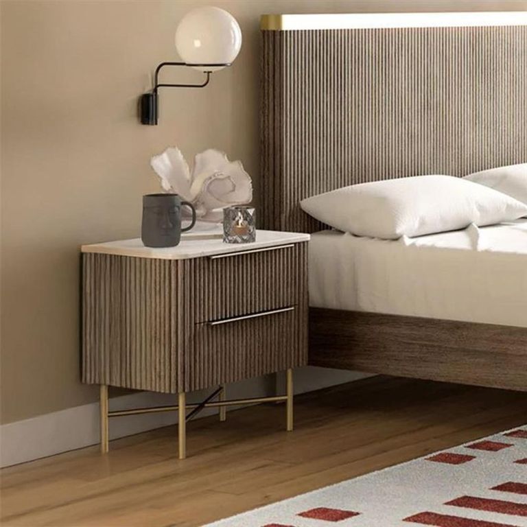 Isabella Grey Bedside Table - 2 Drawer Fluted - White Marble Top