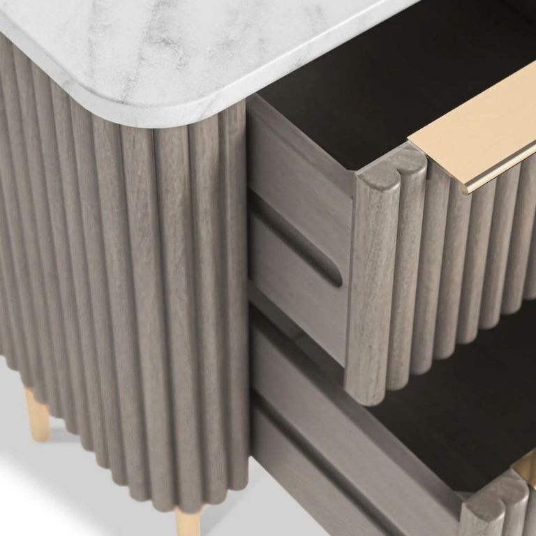 Isabella Grey Bedside Table - 2 Drawer Fluted - White Marble Top