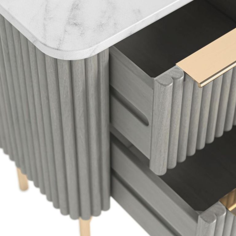 Isabella Grey Bedside Table - 2 Drawer Narrow Fluted - White Marble Top