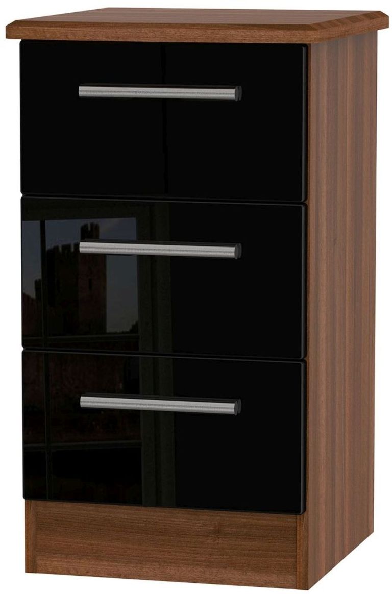 Knightsbridge Black Gloss and Walnut Effect 3 Drawer Bedside Cabinet