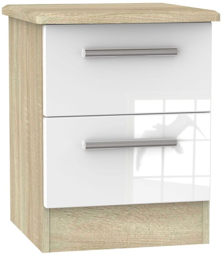 Knightsbridge White Gloss and Oak Effect 2 Drawer Bedside Cabinet