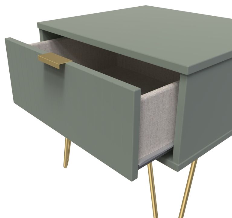 Linear Green 1 Drawer Bedside Table with Gold Hairpin Legs