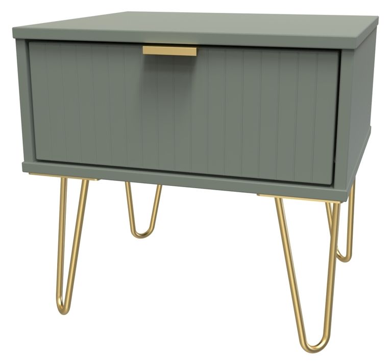 Linear Green 1 Drawer Bedside Table with Gold Hairpin Legs