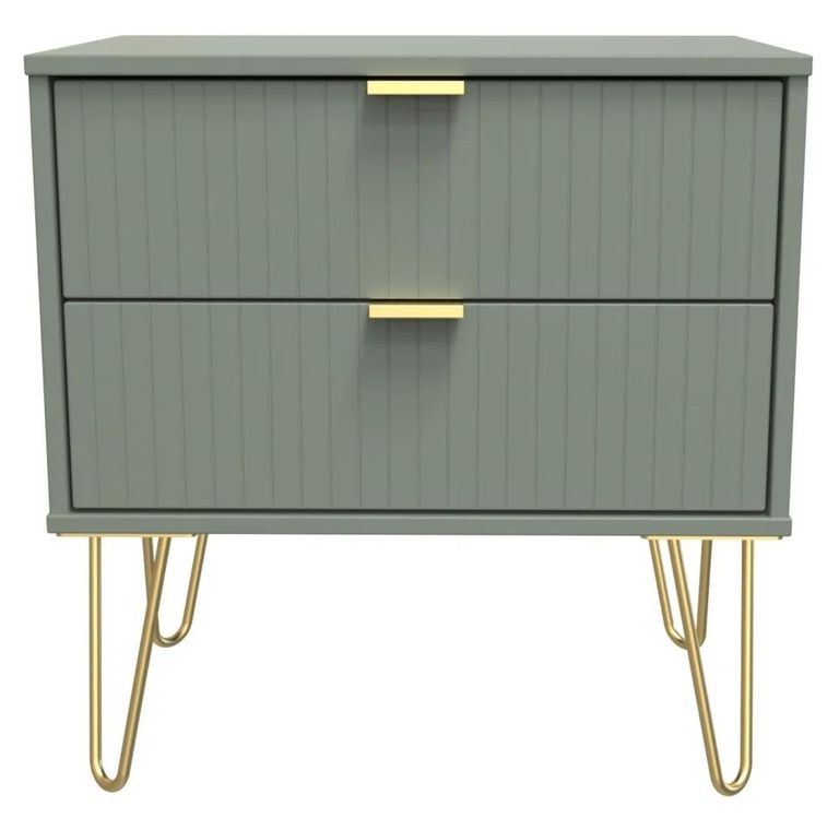 Linear Green 2 Drawer Wide Bedside Cabinet with Gold Hairpin Legs