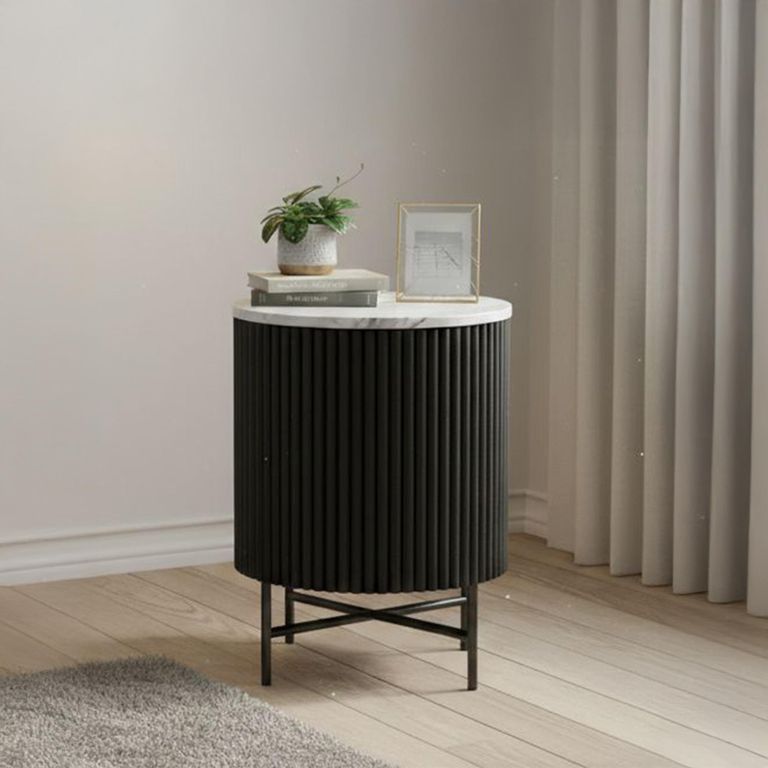 Lucas Black Bedside Table - 1 Door Fluted - White Marble Top
