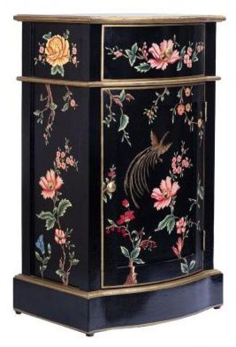Meerut Black Lyre Bird Design 1 Door Bedside Cabinet