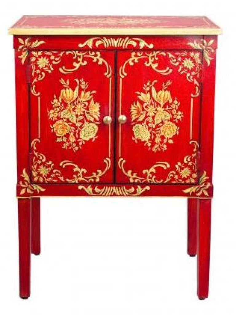 Meerut Red Floral Design 2 Door Bedside Cabinet