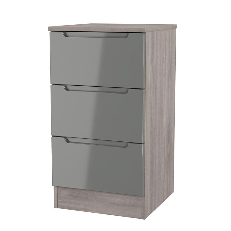 Milan Grey Gloss and Grey Oak 3 Drawer Bedside Cabinet