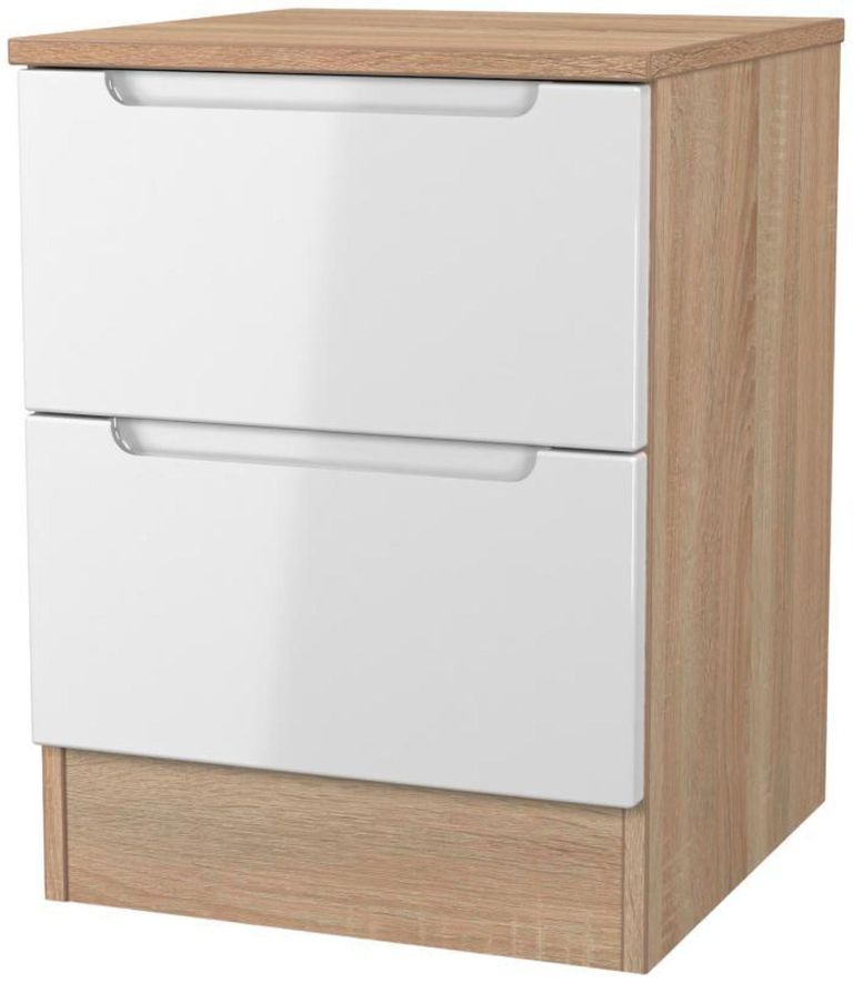 Milan White Gloss and Oak Effect 2 Drawer Bedside Cabinet