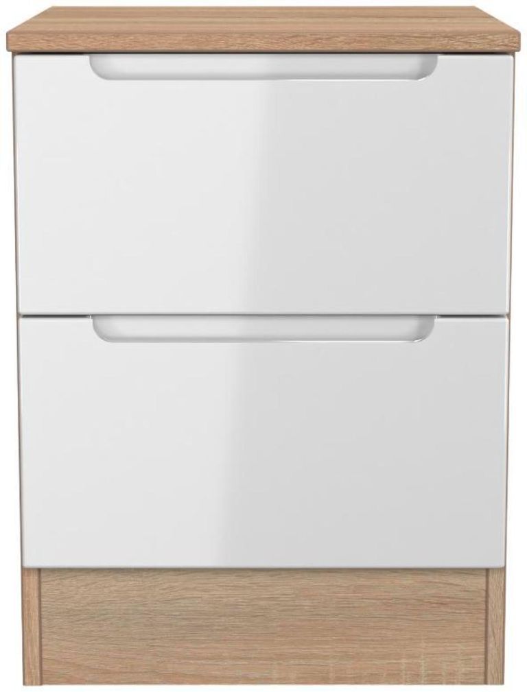 Milan White Gloss and Oak Effect 2 Drawer Bedside Cabinet