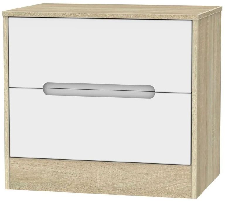 Monaco White Matt and Oak Effect 2 Drawer Wide Bedside Cabinet