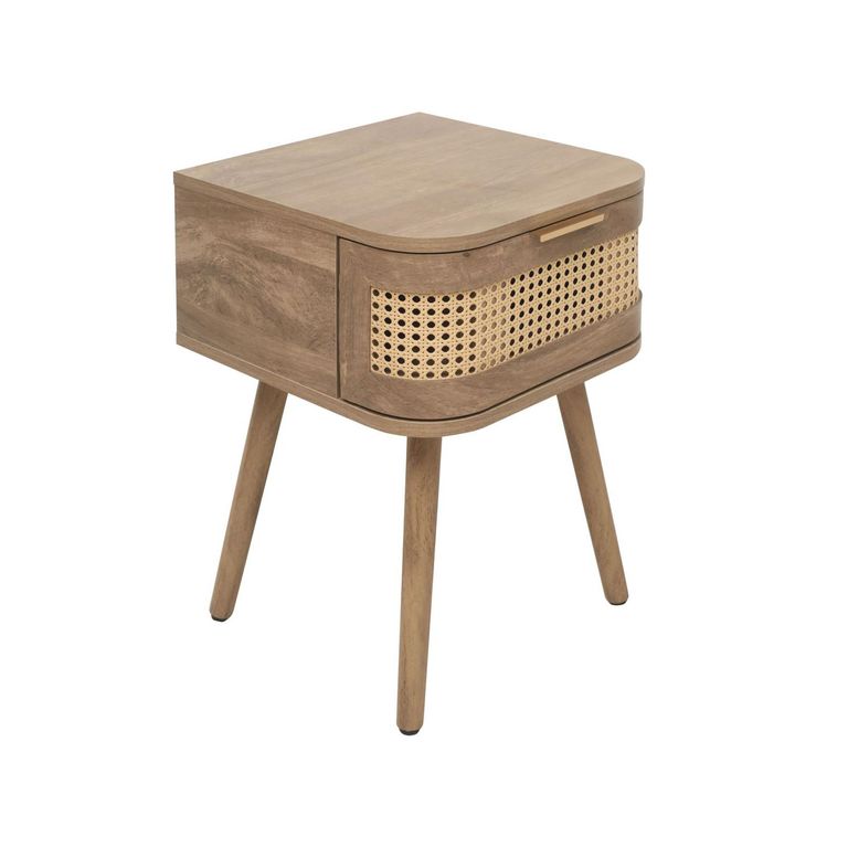 Noah Curved Bedside Table - 1 Drawer - Oak and Rattan