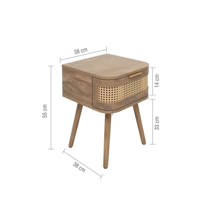Noah Curved Bedside Table - 1 Drawer - Oak and Rattan