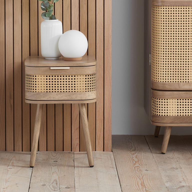 Noah Curved Bedside Table - 1 Drawer - Oak and Rattan