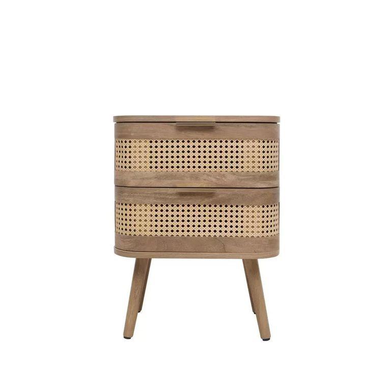 Noah Curved Bedside Table - 2 Drawer - Oak and Rattan