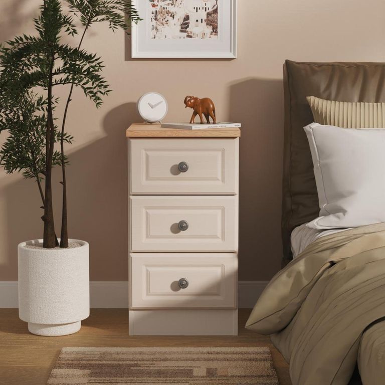 Norfolk Cashmere and Oak Effect 3 Drawer Bedside Cabinet