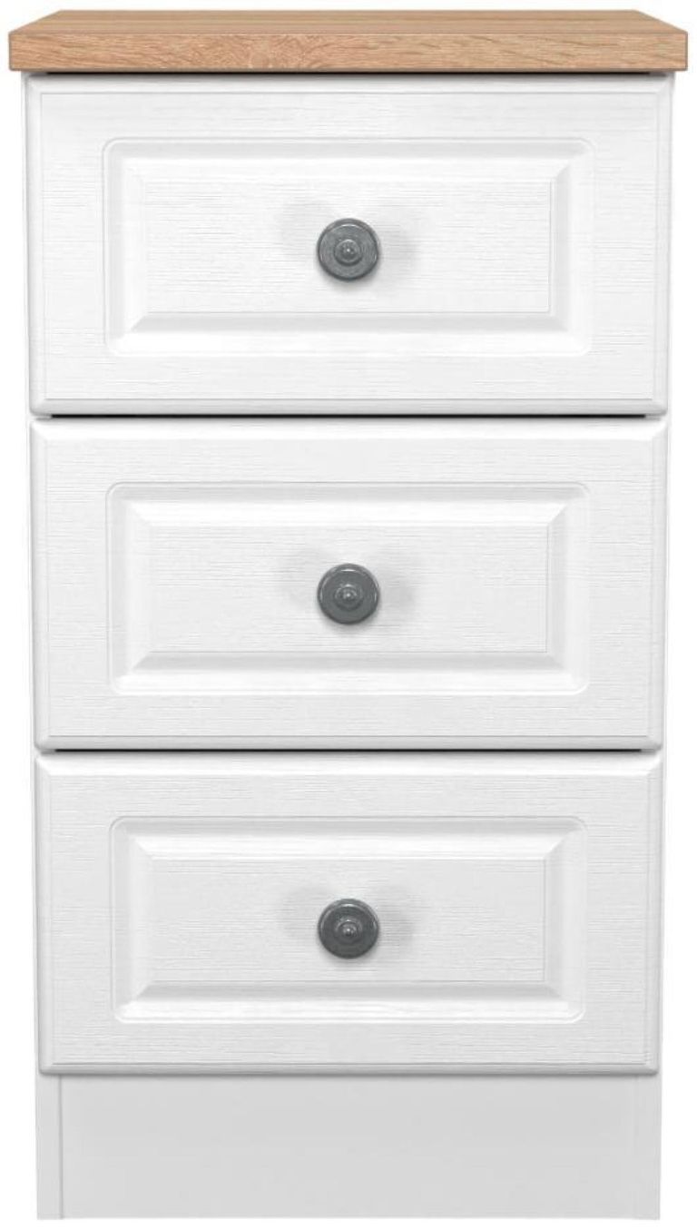 Norfolk White and Oak Effect 3 Drawer Bedside Cabinet
