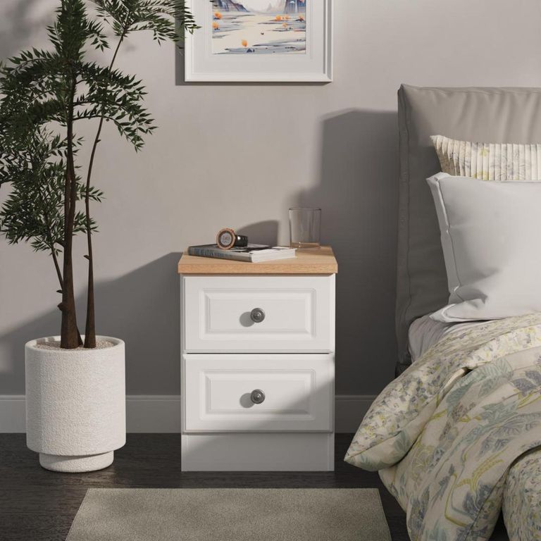 Norfolk White and Oak Effect Oak 2 Drawer Bedside Cabinet