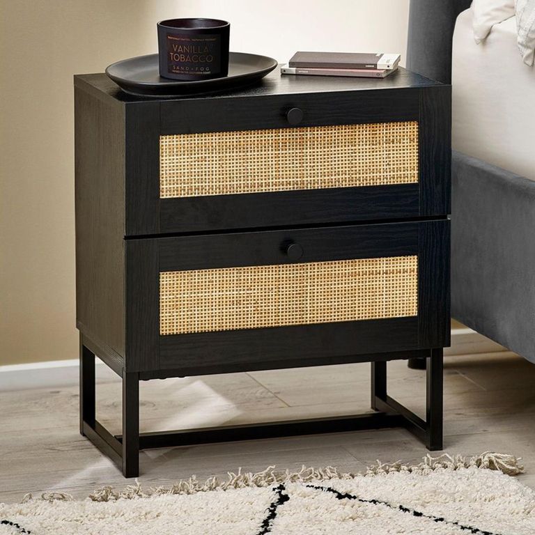Padstow Bedside Cabinet - 2 Drawer - Black and Rattan