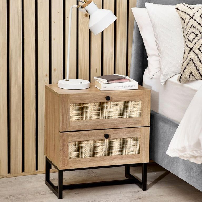 Padstow Bedside Cabinet - 2 Drawer - Oak and Rattan