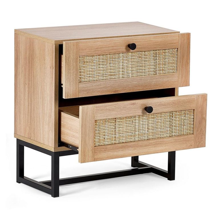 Padstow Bedside Cabinet - 2 Drawer - Oak and Rattan