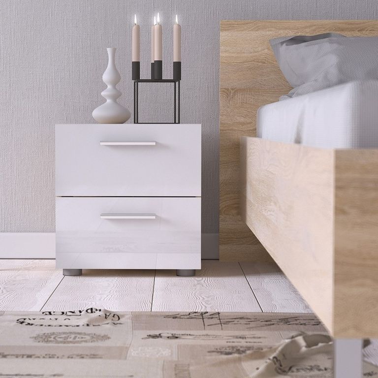 Pepe Oak Effect and White Gloss 2 Drawer Bedside Cabinet