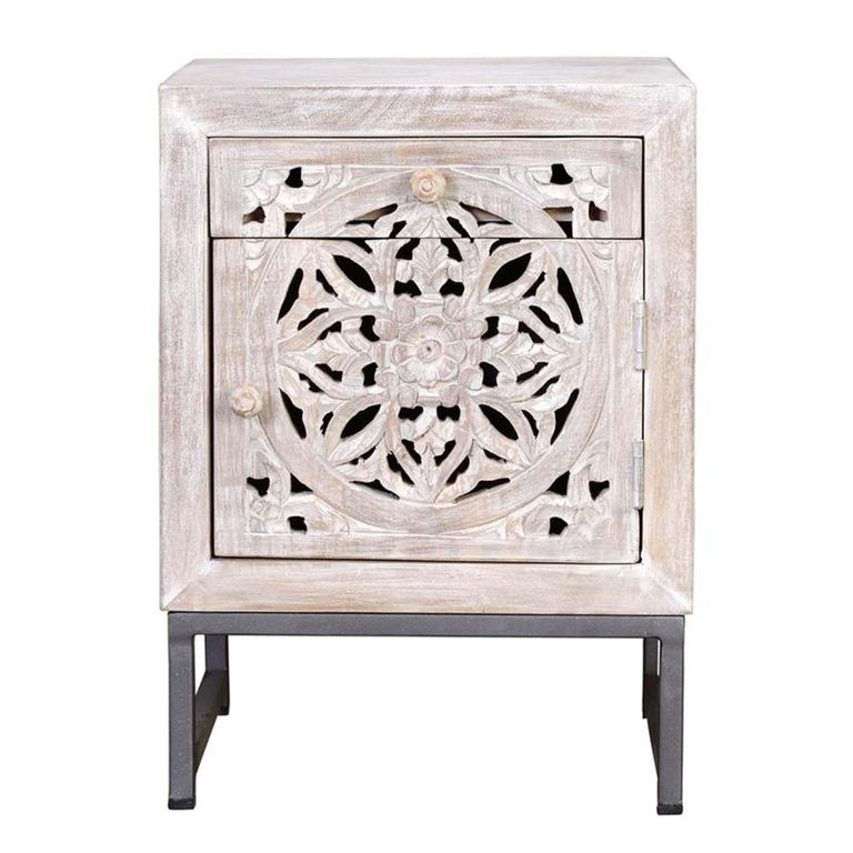 Quintana Bedside Cabinet - Washed Carved - Mango Wood - 1 Door