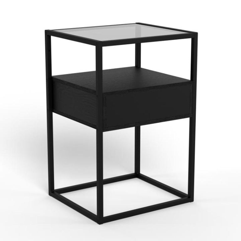 Randolf Bedside Table - 1 Drawer - Smoked Glass and Black