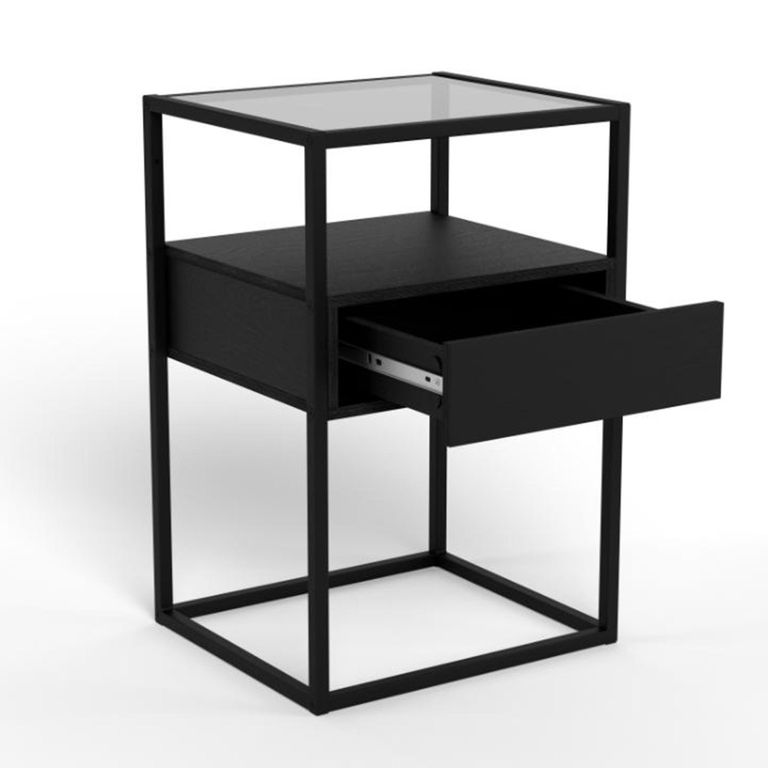Randolf Bedside Table - 1 Drawer - Smoked Glass and Black