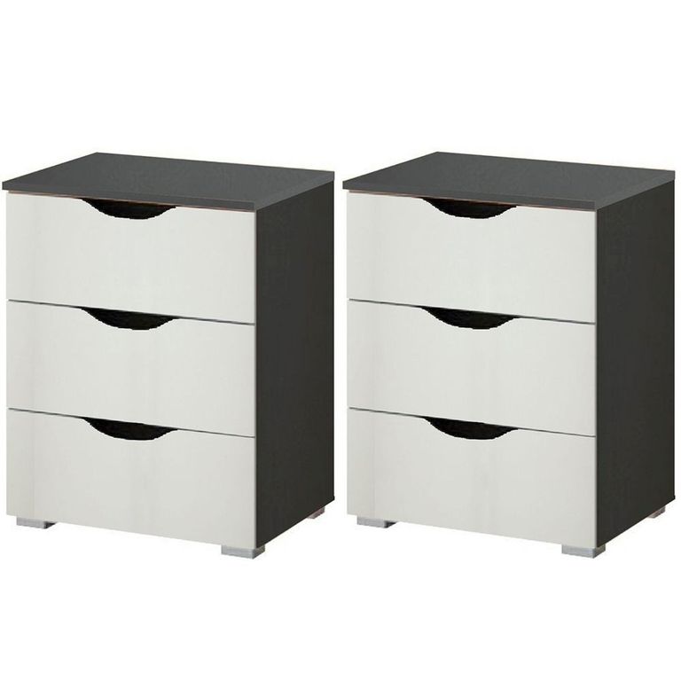 Rauch Arnstein 3 Drawer Bedside Cabinet - Set of 2 - Metallic Dark Grey and Alpine White