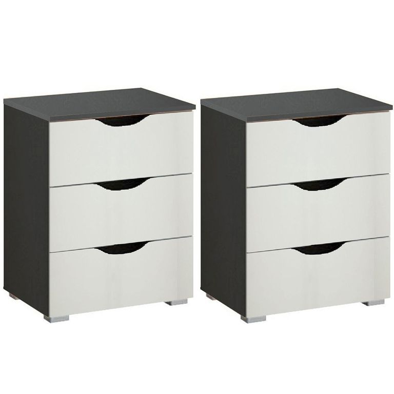 Rauch Arnstein 3 Drawer Bedside Cabinet - Set of 2 - Metallic Dark Grey and Alpine White