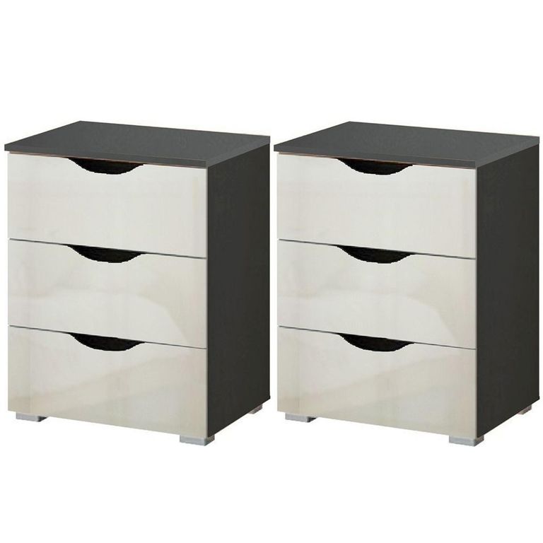 Rauch Arnstein 3 Drawer Bedside Cabinet - Set of 2 - Metallic Dark Grey and White High Gloss