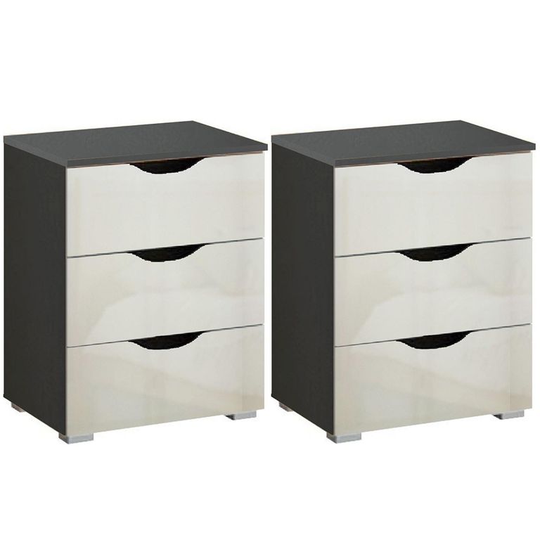 Rauch Arnstein 3 Drawer Bedside Cabinet - Set of 2 - Metallic Dark Grey and White High Gloss