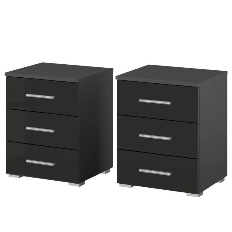 Rauch Base 3 Drawer Bedside Cabinet - Set of 2 - Metallic Dark Grey and Grey High Gloss