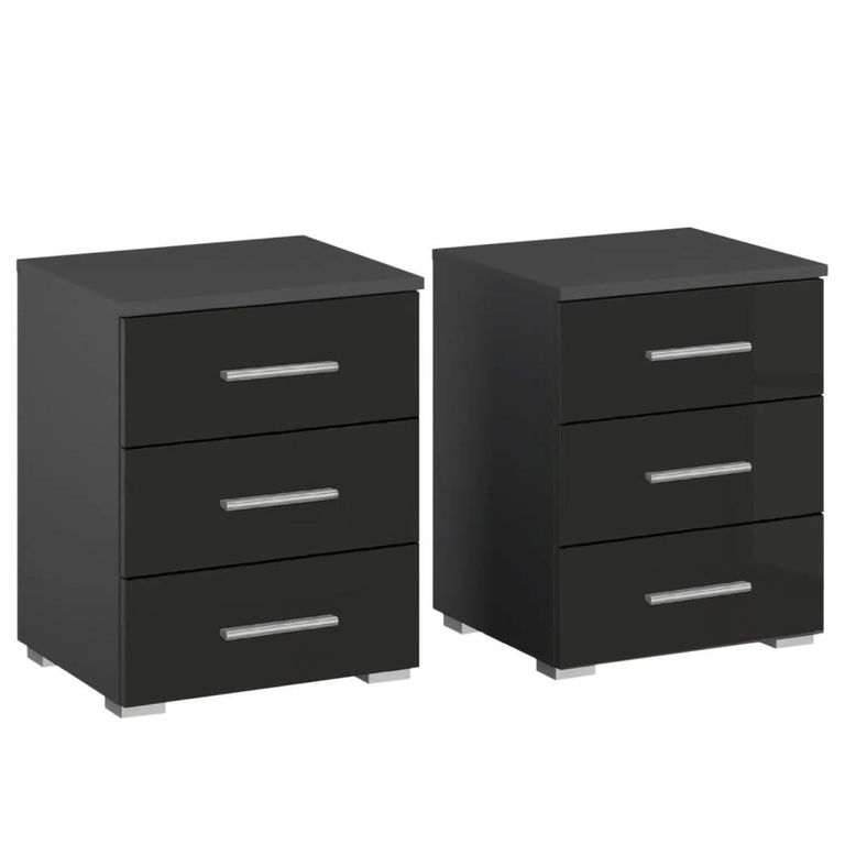 Rauch Base 3 Drawer Bedside Cabinet - Set of 2 - Metallic Dark Grey and Grey High Gloss
