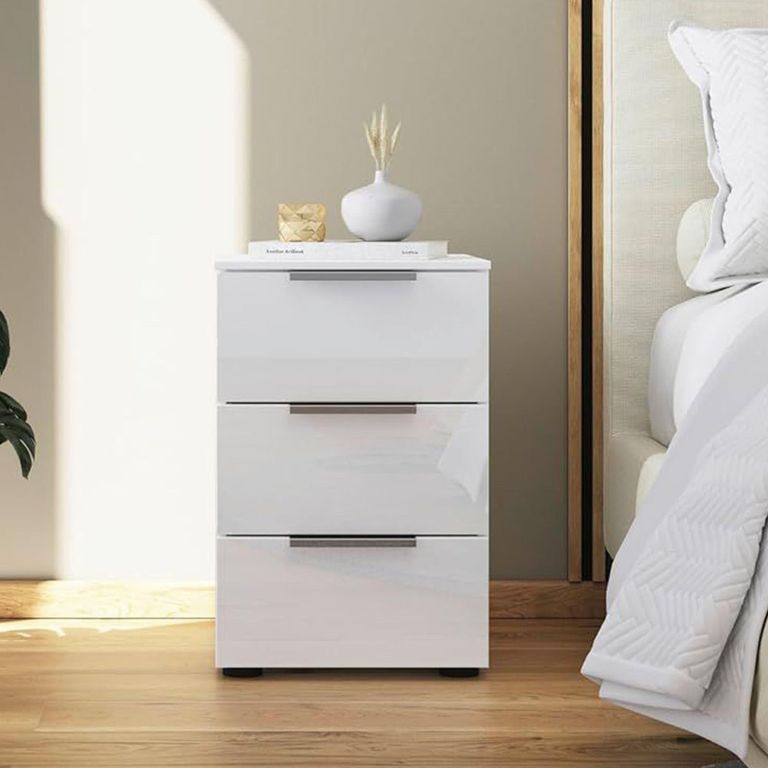 Rauch Flipp 3 Drawer Bedside Cabinet with Adjustable Height - Alpine White and White Glass