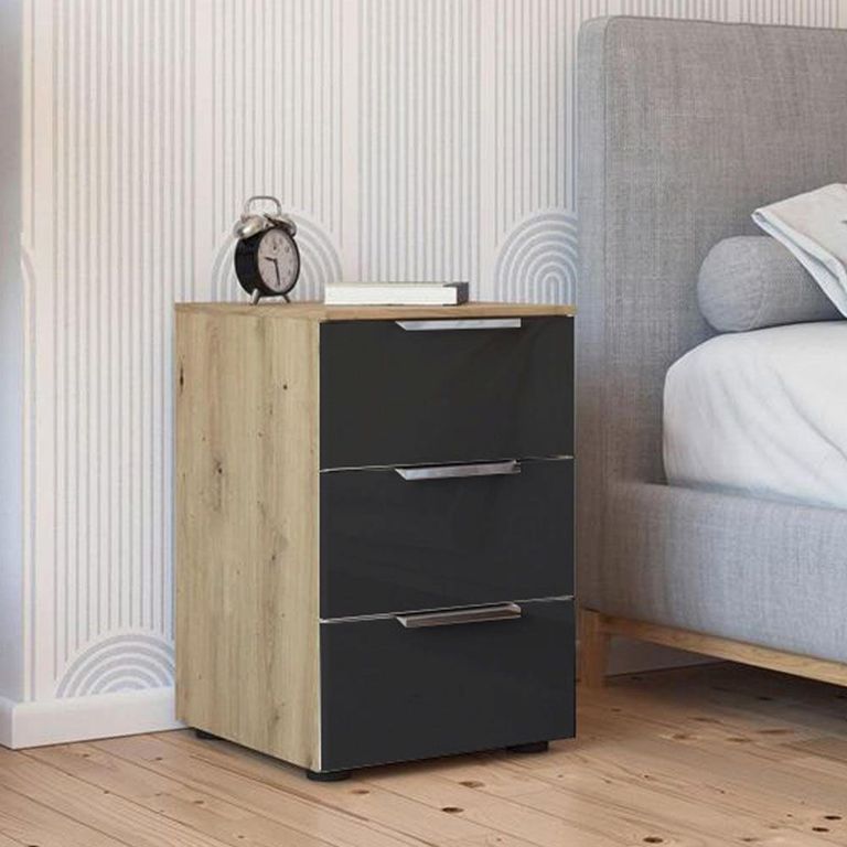 Rauch Flipp 3 Drawer Bedside Cabinet with Adjustable Height - Artisan Oak and Basalt Glass