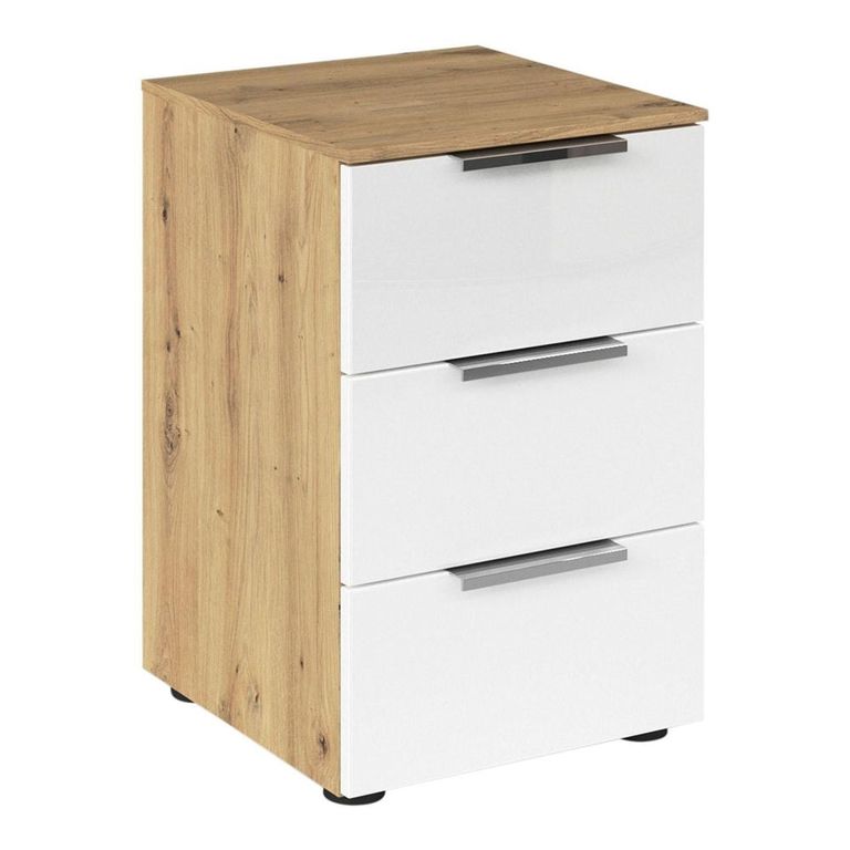Rauch Flipp 3 Drawer Bedside Cabinet with Adjustable Height - Artisan Oak and White Glass