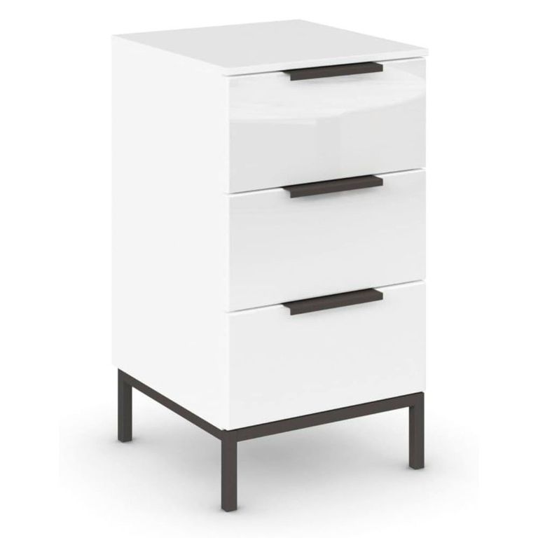Rauch Flipp 3 Drawer Bedside Cabinet with Metal Base - Alpine White and White Glass