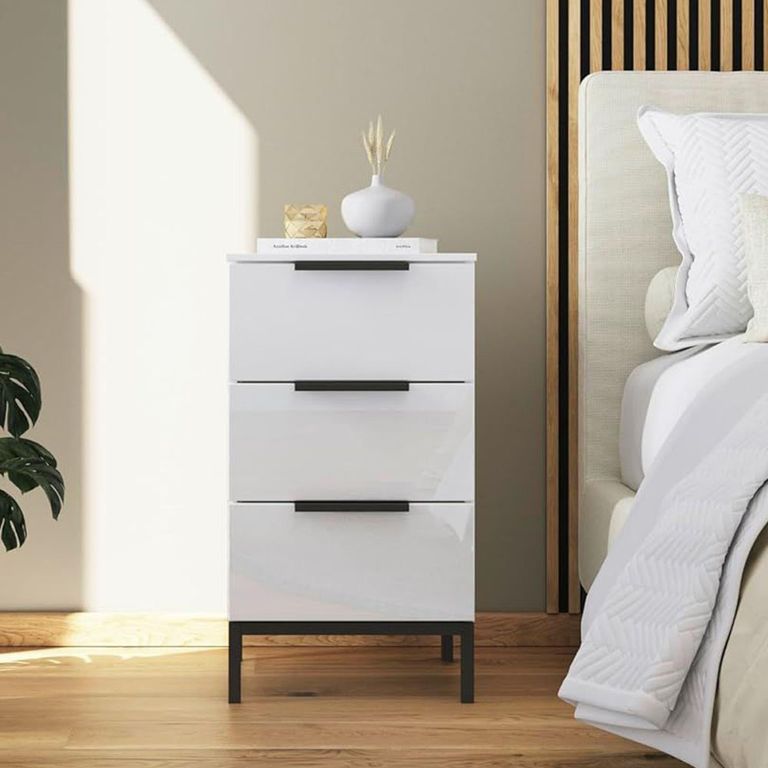 Rauch Flipp 3 Drawer Bedside Cabinet with Metal Base - Alpine White and White Glass