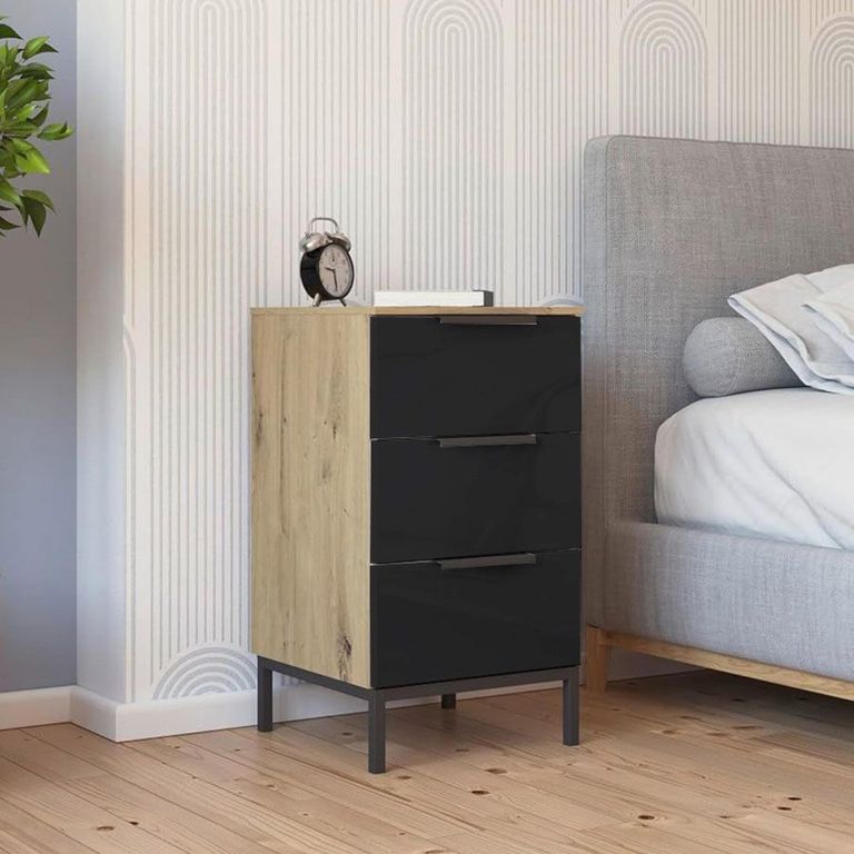 Rauch Flipp 3 Drawer Bedside Cabinet with Metal Base - Artisan Oak and Basalt Glass