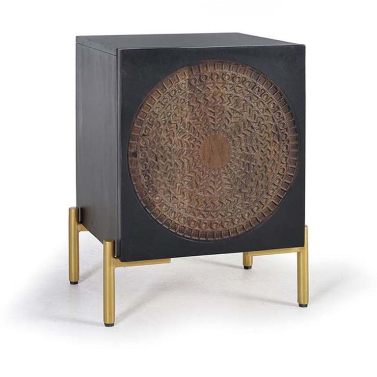 Refton Bedside Cabinet - Carved - Dark Mango Wood - 1 Door
