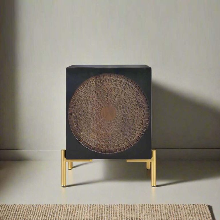 Refton Bedside Cabinet - Carved - Dark Mango Wood - 1 Door